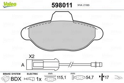 VALEO 598011 Číslo výrobce: 21365. EAN: 3276425980112.