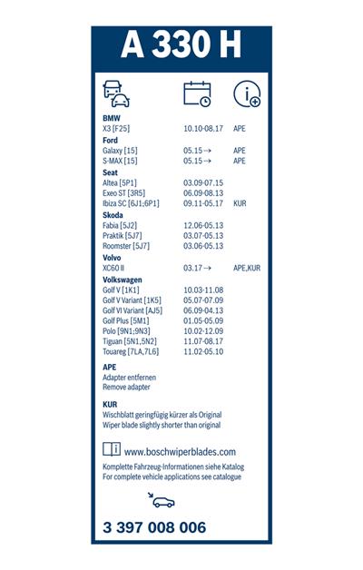 BOSCH 3 397 008 006 Číslo výrobce: A 330 H. EAN: 4047024134225.