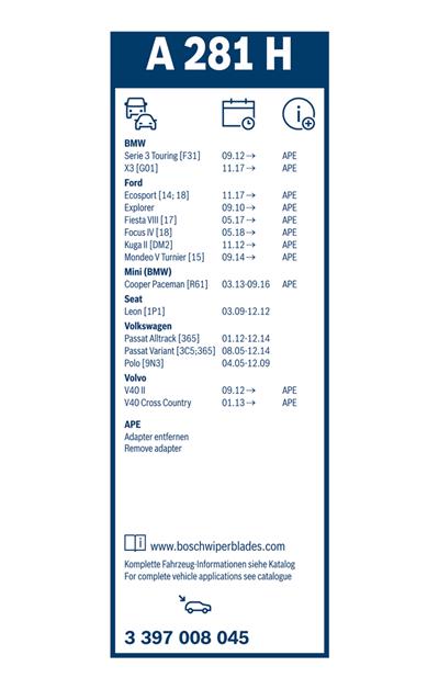 BOSCH 3 397 008 045 Číslo výrobce: A 281 H. EAN: 4047024141520.