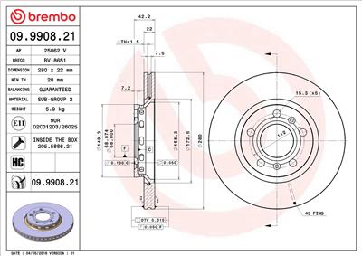 BREMBO 09.9908.21 EAN: 8020584990827.