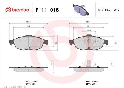 BREMBO P 11 016 Číslo výrobce: 23952. EAN: 8020584050538.