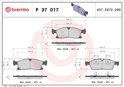 BREMBO P 37 017 Číslo výrobce: 25191. EAN: 8020584109540.
