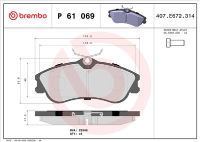 BREMBO P 61 069 Číslo výrobce: 23346. EAN: 8020584056455.