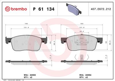 BREMBO P 61 134 Číslo výrobce: 22594. EAN: 8020584087480.