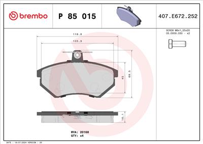 BREMBO P 85 015 Číslo výrobce: 20168. EAN: 8020584058183.