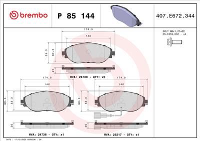 BREMBO P 85 144X Číslo výrobce: 25217. EAN: 8020584069455.
