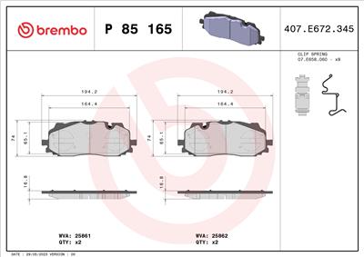 BREMBO P 85 165X Číslo výrobce: 25862. EAN: 8020584069516.