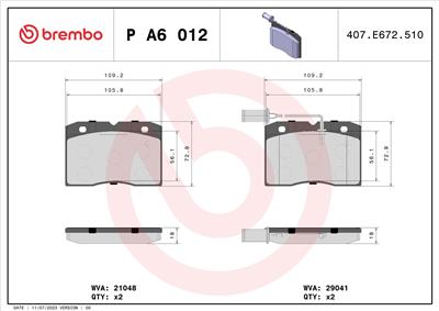 BREMBO P A6 012 Číslo výrobce: 29041. EAN: 8020584059227.