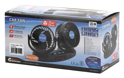 07224 Ventilátor MITCHELL DUO 2x130mm 12V na palubní desku s teploměrem