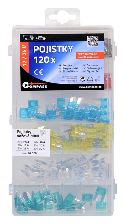 07528 Pojistky nožové MINI sada 120ks 7,5/10/15/20/25/30Amp