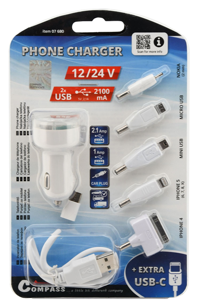 07680 Nabíječka telefonu 12V 2,1A (Iphone 4-8, miniUSB, microUSB, USB-C)