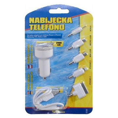 07680 Nabíječka telefonu 12V 2,1A (Iphone 4-8, miniUSB, microUSB, USB-C)