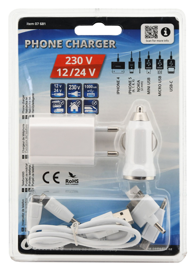 07681 Nabíječka telefonu 230/12V 2,1A (Iphone 4-8, miniUSB, microUSB, USB-C)