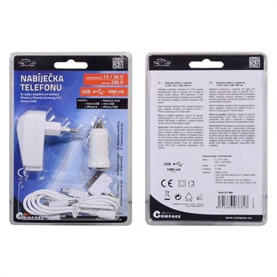 07681 Nabíječka telefonu 230/12V 2,1A (Iphone 4-8, miniUSB, microUSB, USB-C)