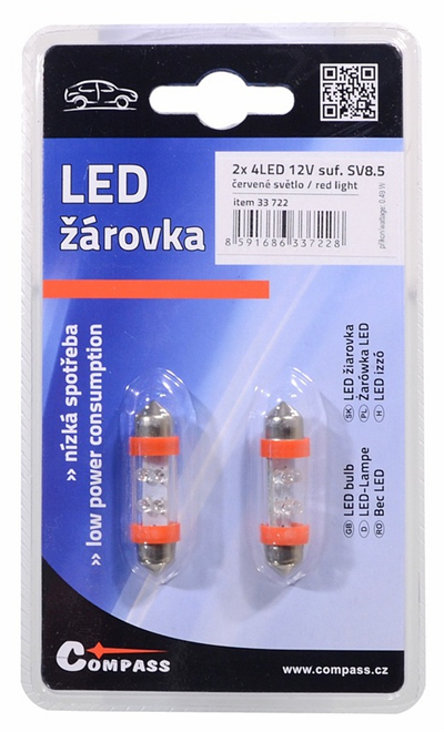 33722 Žárovka 4LED 12V  suf. SV8.5 38mm červená  2ks