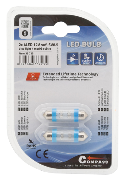 33723 Žárovka 4LED 12V  suf. SV8.5 38mm modrá  2ks
