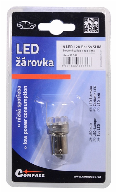 33764 Žárovka 9LED 12V  Ba15s červená úzká