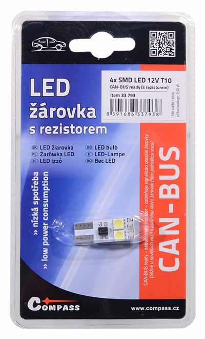 33793 Žárovka 4 SMD LED 12V T10 s rezistorem CAN-BUS ready bílá