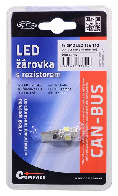33794 Žárovka 5 SMD LED 12V T10 s rezistorem CAN-BUS ready bílá