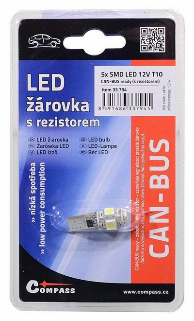 33794 Žárovka 5 SMD LED 12V T10 s rezistorem CAN-BUS ready bílá