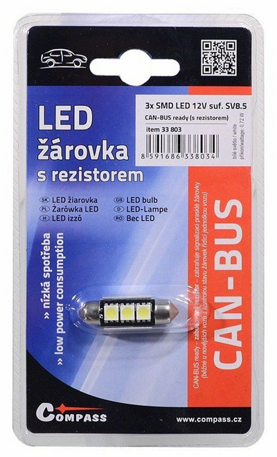 33803 Žárovka 3 SMD LED 12V suf. SV8.5 36mm s rezistorem CAN-BUS ready bílá