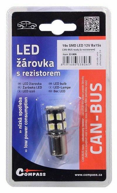 33806 Žárovka 19 SMD LED 12V Ba15S s rezistorem CAN-BUS ready bílá
