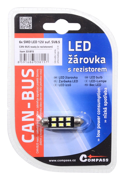 33815 Žárovka 6 SMD LED 12V suf. SV8.5 38mm s rezistorem CAN-BUS bílá
