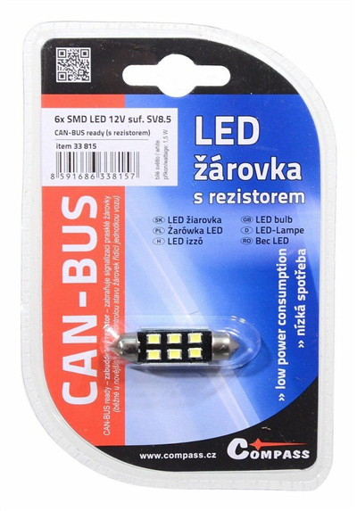 33815 Žárovka 6 SMD LED 12V suf. SV8.5 38mm s rezistorem CAN-BUS bílá