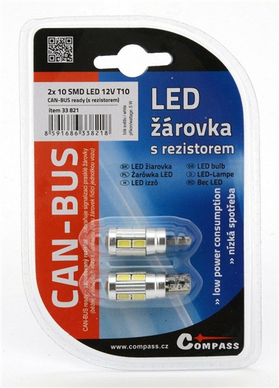 33821 Žárovka 10 SMD LED 3chips 12V T10 CAN-BUS ready bílá 2ks