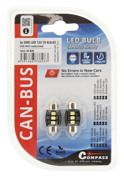 33826 Žárovka 3 LED SMD 12V  suf.11X32 SV8.5 NEW-CAN-BUS bílá 2ks