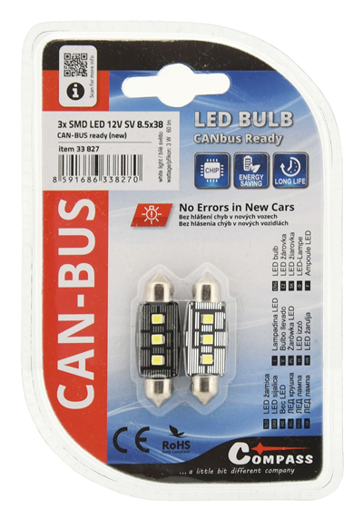 33827 Žárovka 3 LED SMD 12V  suf.11X38 SV8.5 NEW-CAN-BUS bílá 2ks