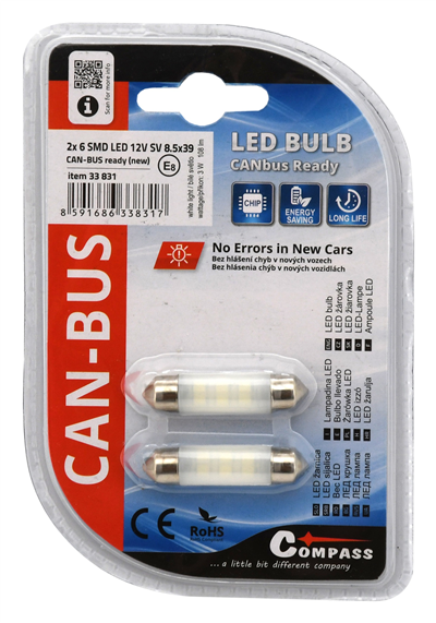 33831 Žárovka 6 LED SMD 12V  suf.10X39 SV8.5 NEW-CAN-BUS bílá 2ks