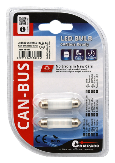 33832 Žárovka 6 LED SMD 12V  suf.10X39 SV8.5 NEW-CAN-BUS modrá 2ks