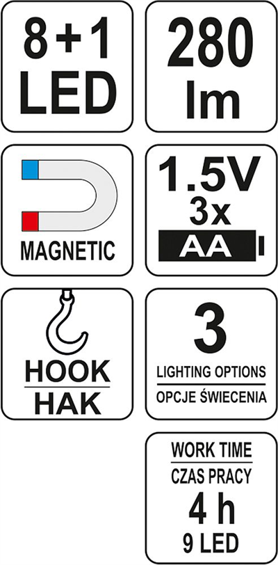 Montážna lampa 8 + 1 LED, háčik + magnet