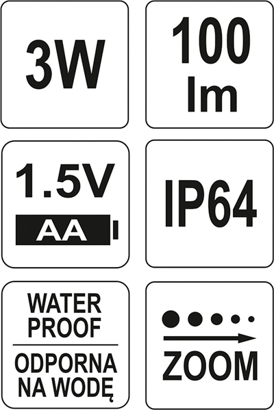 Vrecková vodotesná baterka IP64, funkcia ZOOM, 110L, 1xAA, 100x25mm