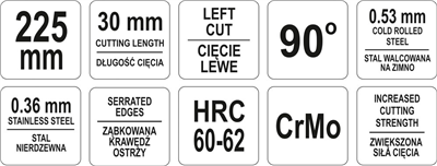 Nožnice na plech 225 mm ľavé 90°