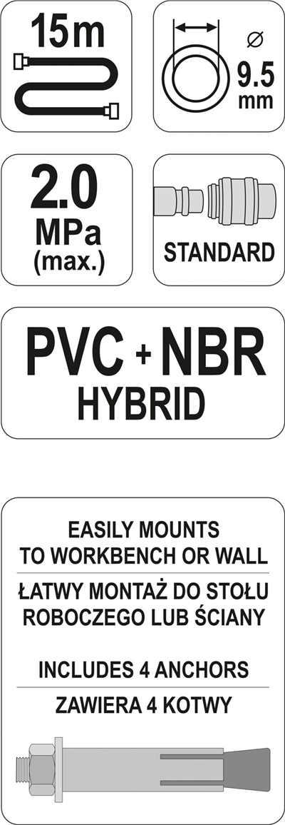 Navijak so vzduchovou hadicou PVC + NBR 9,5 mm, 15 m