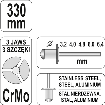 Pákové nitovacie kliešte 3,2-6,4 mm 330 mm CrMo