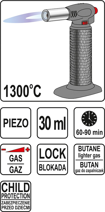 Plynový horák 1300 °C, piezoelektrický