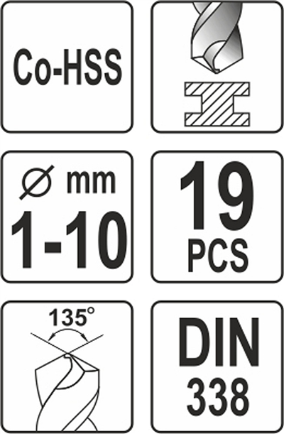Sada vrtákov do kovu 19ks HSS-COBALT 1-10mm