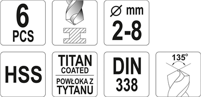 Sada vrtákov do železa HSS-TiN 6ks 2-8mm