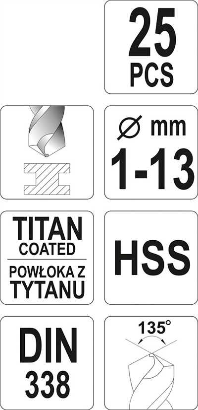 Sada vrtákov HSS-TiN 25ks 1-13mm