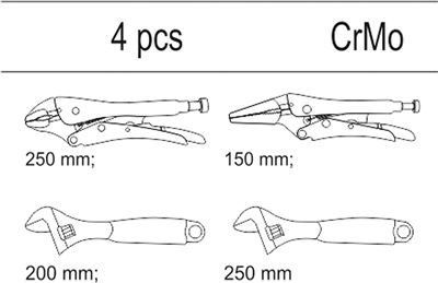 Nástrčné vložky - 2x nastaviteľný kľúč 200/250 mm, 2x samosvorné kliešte 250/125 mm
