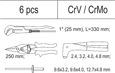 Vložka do zásuvky - kliešte na nity, 3x sada nitov, nožnice na plech, kľúč 330 mm