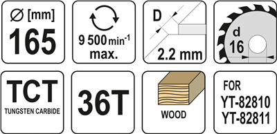 Pílový kotúč na drevo TCT 165 x 16 mm 36z (pre YT-82810)