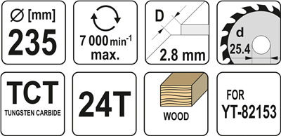Pílový kotúč na drevo TCT 235 x 25,4 mm 24z (pre YT-82153)