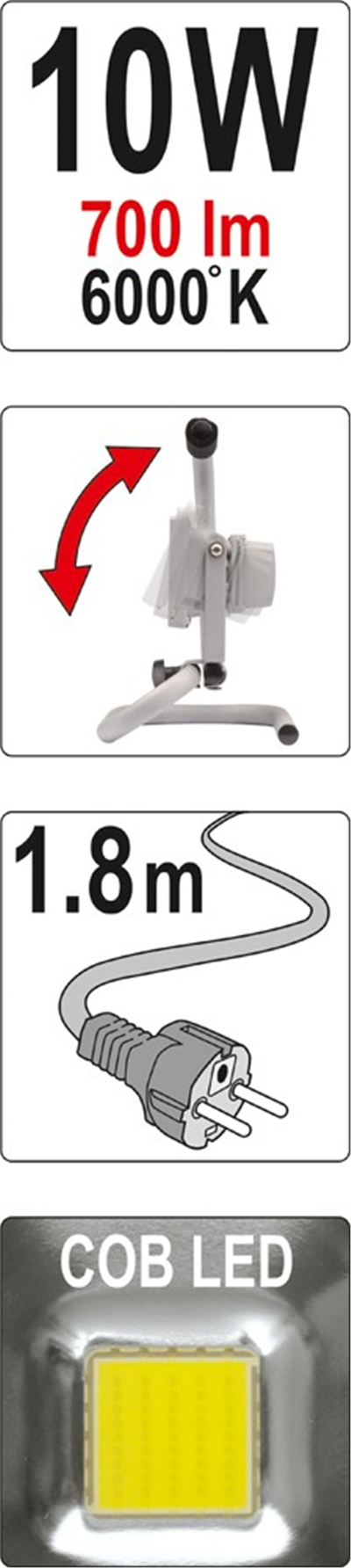 Reflektor prenosný s vysoko svietivou COB LED, 10W, 700l, IP65, 1,8m kábel