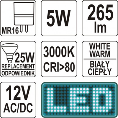 LED žiarovka 5W MR16 265 lumenov 12V ( 25W )