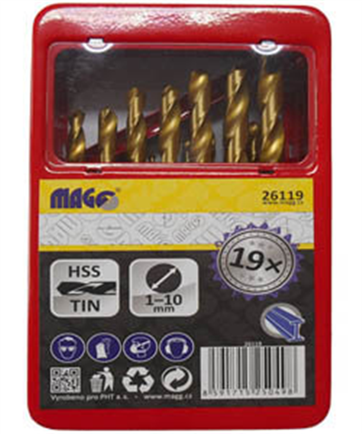 Vrtáky do kovu HSS TiN, 1,0-10,0 mm, sada 19 kusov v kovovej škatuľke
