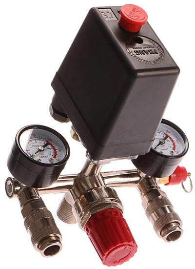Tlakový spínač - presostat 230 V s manometry, maximální tlak 12 bar